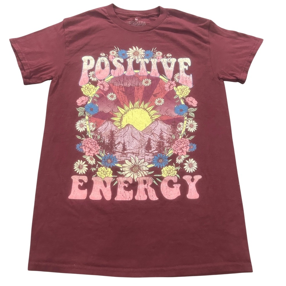 Goodie Two Sleeves Positive Energy Graphic T-Shirt Maroon Sun Flowers Mens M